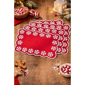 New Set Of 4 Red / White Christmas Peppermint Candy Swirl Table Placemats 13X19